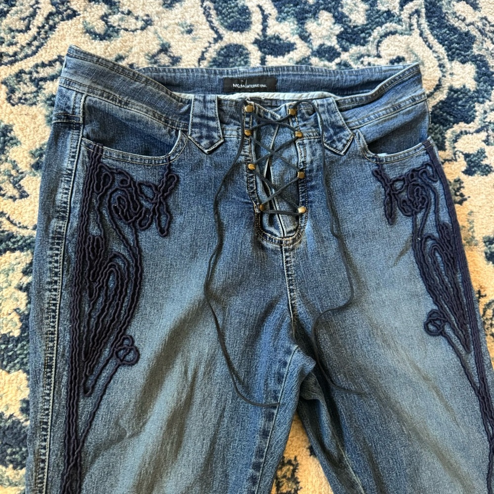 Lace Up Embroidered Dark Wash Flare Jeans